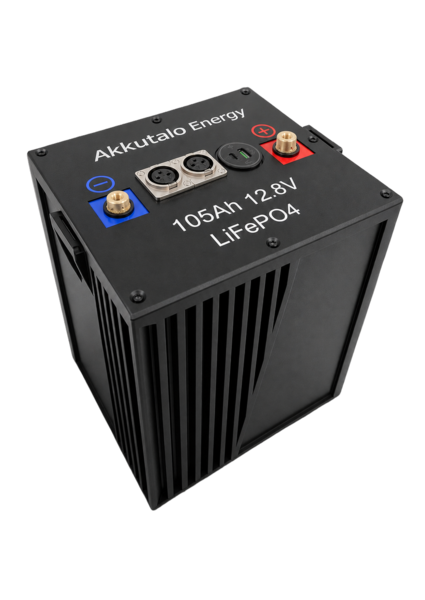 Naali smart LFP battery, black enclosure with terminals and communication ports on the top face